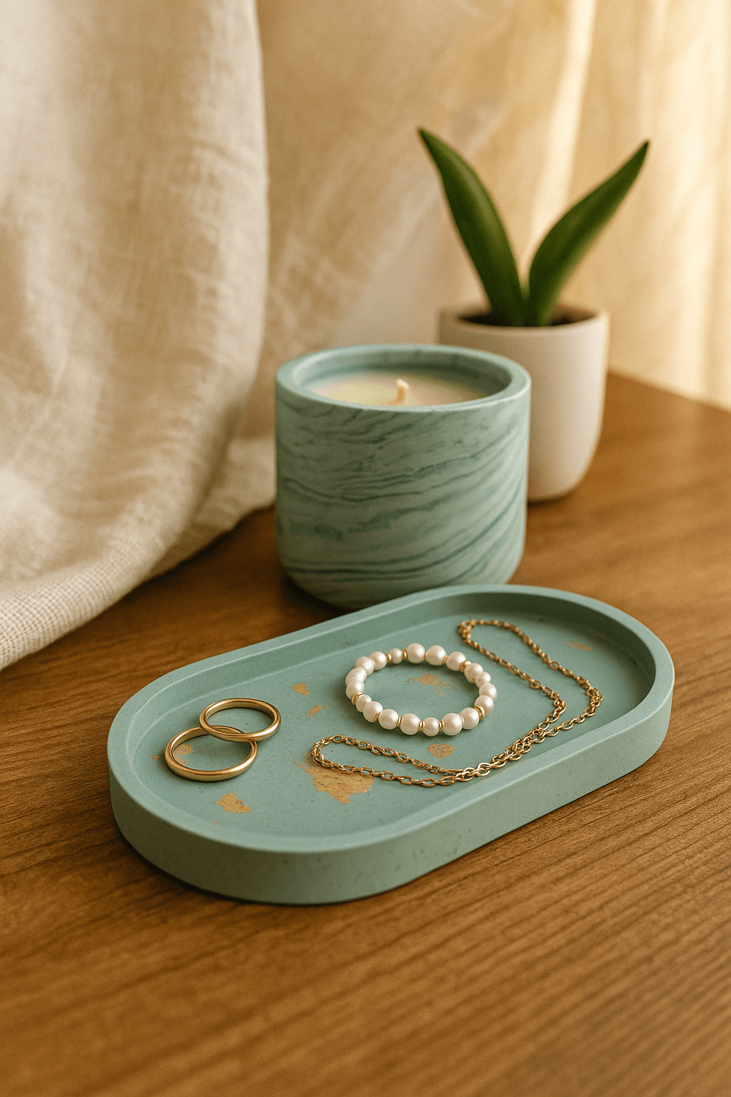 Turquoise oval tray with jewellery and candle