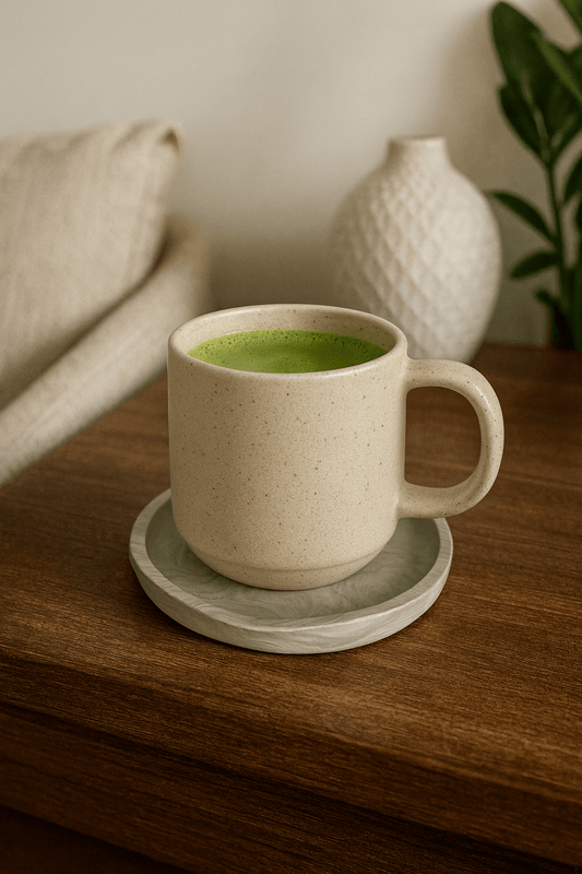 Ceramic mug with green tea on a wooden surface with a neutral background