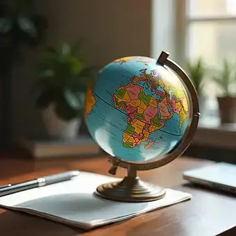 globe on desk top with paper 