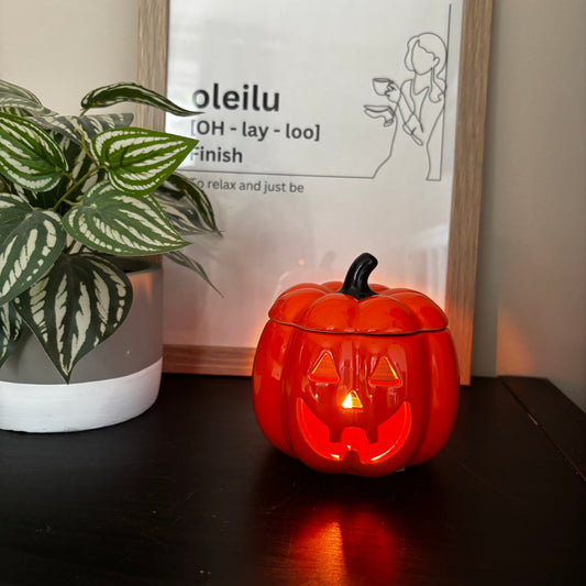Small pumpkin-shaped lantern with a lit candle inside on a surface next to a framed picture and plant.