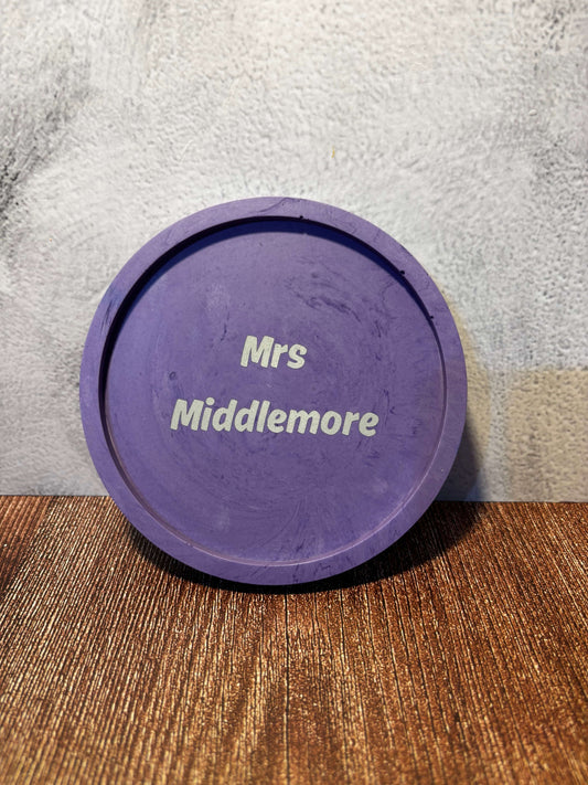 engraved round purple tray 