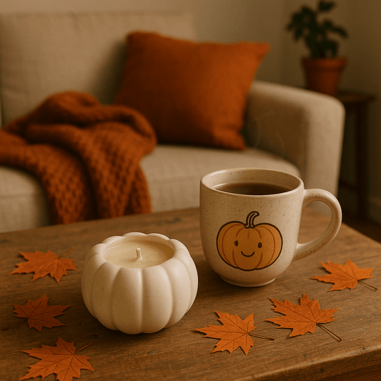 Ceramic mug with pumpkin design and white candle on a wooden table with autumn leaves, in a cozy living room setting.
