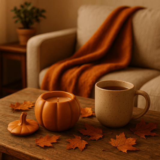 Cup of coffee on a wooden table with a pumpkin candle and autumn leaves, cozy indoor setting.