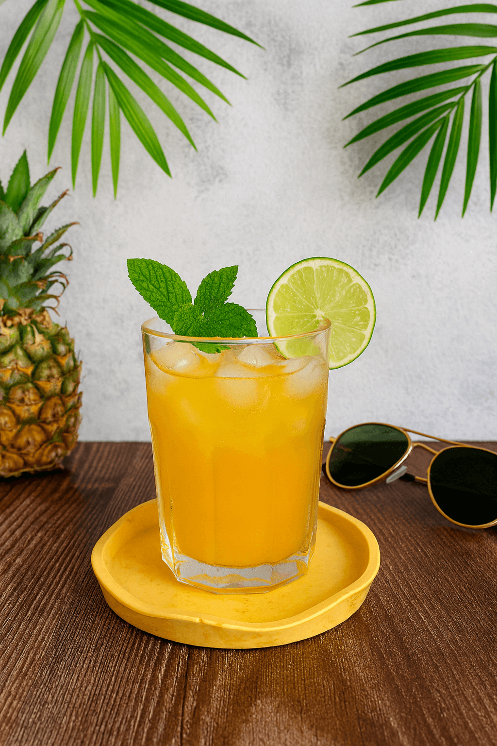 Glass of orange juice with a lime wedge and mint leaf, pineapple, and sunglasses on a wooden table with a light gray background.