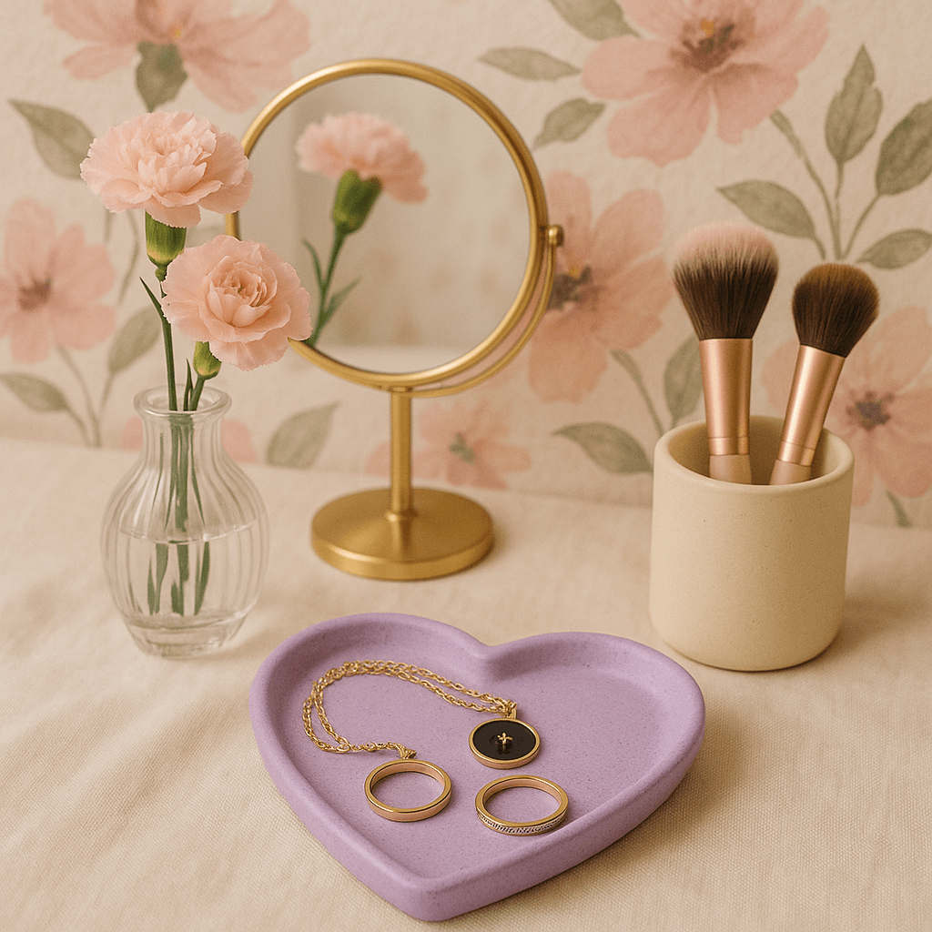 Jewellery set on a heart-shaped purple tray with makeup brushes in a holder, flowers, and a mirror on a floral background.
