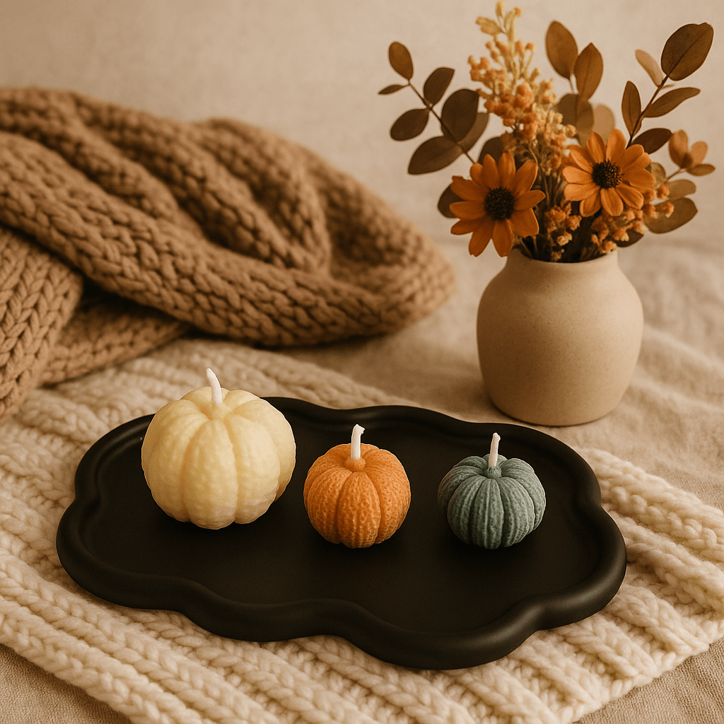 Three pumpkin-shaped candles on a black tray with a vase of flowers and a knitted blanket in the background.