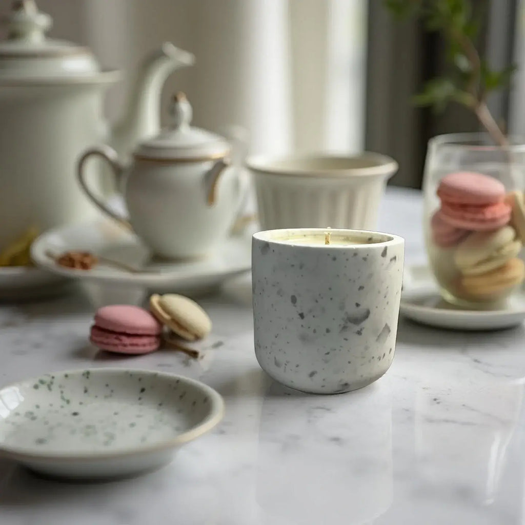 Handmade Afternoon Tea candle surrounded by delicate macarons and elegant tea set on a marble table.